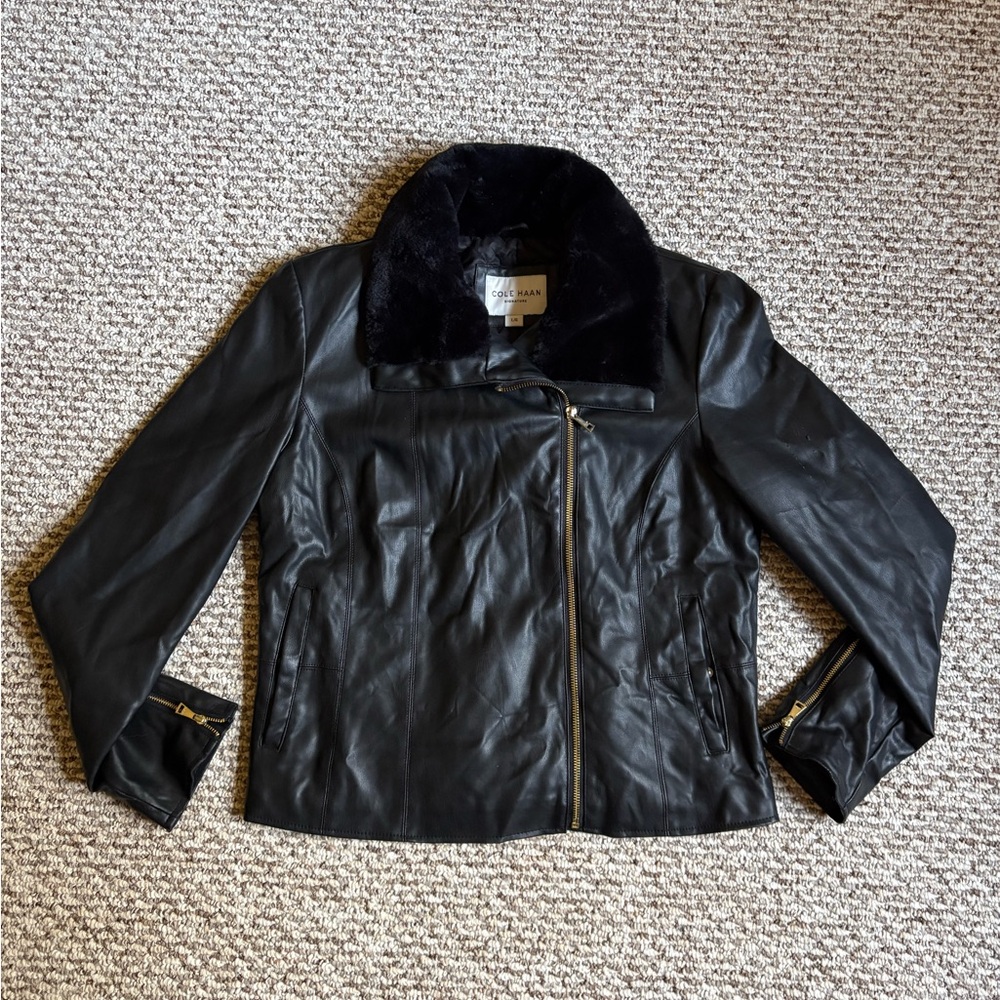Cole Haan Black Leather Jacket with Faux Fur Trim